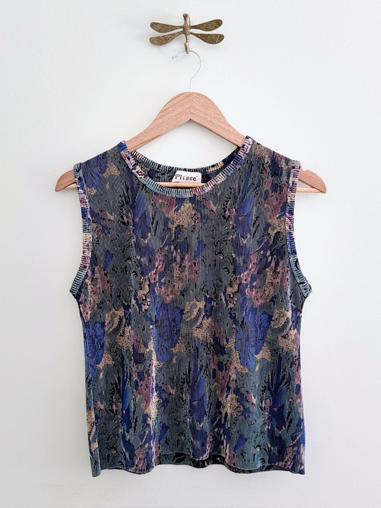 Vintage Tops - Plissé Vintage Floral Muted Ribbed Accordion Pleat Sleeveless Top Medium